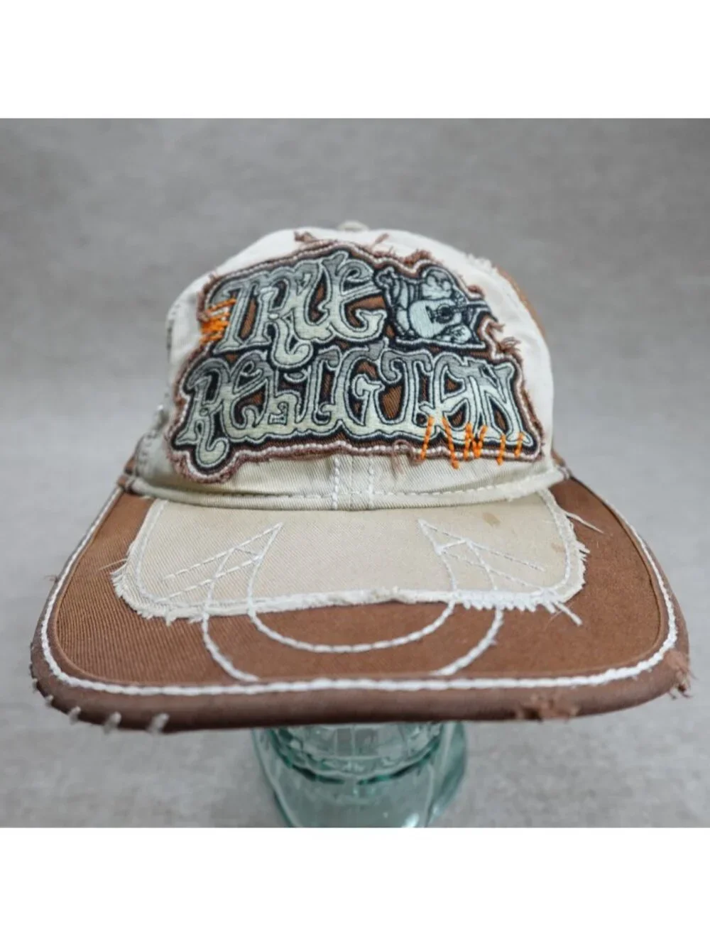 True Religion Mens Hat Brown Embroidered Distressed Strapback